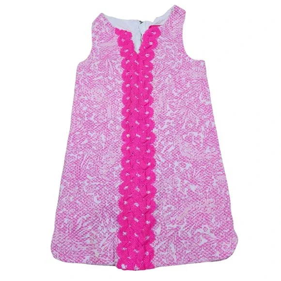 Lilly Pulitzer Girls Pink White Jacquard Shift Dress Soutache Trim Size S 6-6X - Picture 2 of 8